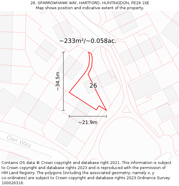 26, SPARROWHAWK WAY, HARTFORD, HUNTINGDON, PE29 1XE: Plot and title map