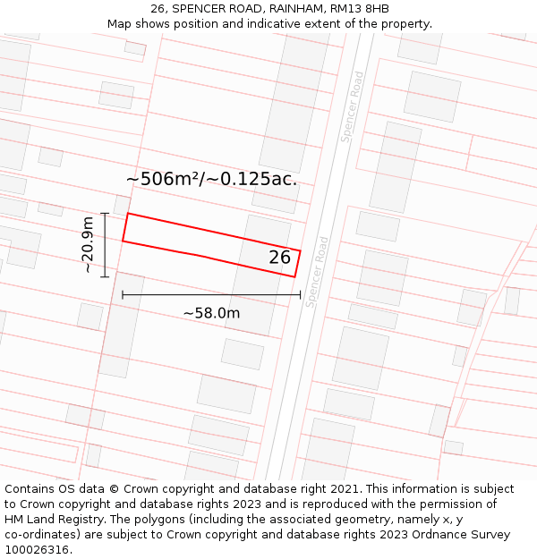 26, SPENCER ROAD, RAINHAM, RM13 8HB: Plot and title map