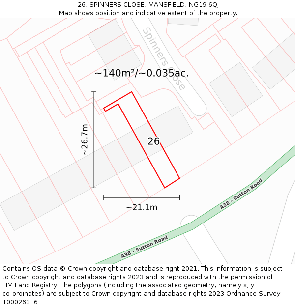 26, SPINNERS CLOSE, MANSFIELD, NG19 6QJ: Plot and title map