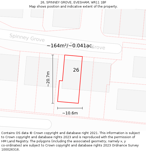 26, SPINNEY GROVE, EVESHAM, WR11 1BF: Plot and title map