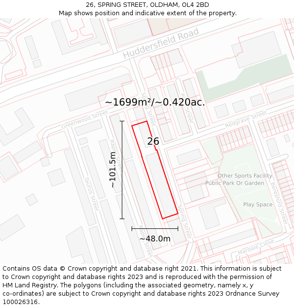 26, SPRING STREET, OLDHAM, OL4 2BD: Plot and title map