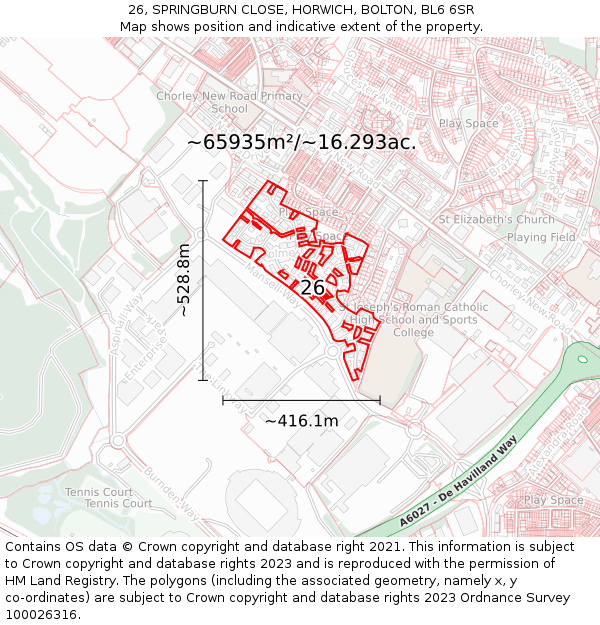 26, SPRINGBURN CLOSE, HORWICH, BOLTON, BL6 6SR: Plot and title map