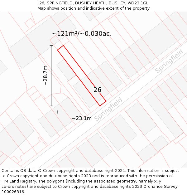 26, SPRINGFIELD, BUSHEY HEATH, BUSHEY, WD23 1GL: Plot and title map