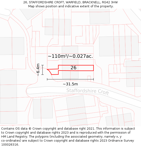 26, STAFFORDSHIRE CROFT, WARFIELD, BRACKNELL, RG42 3HW: Plot and title map