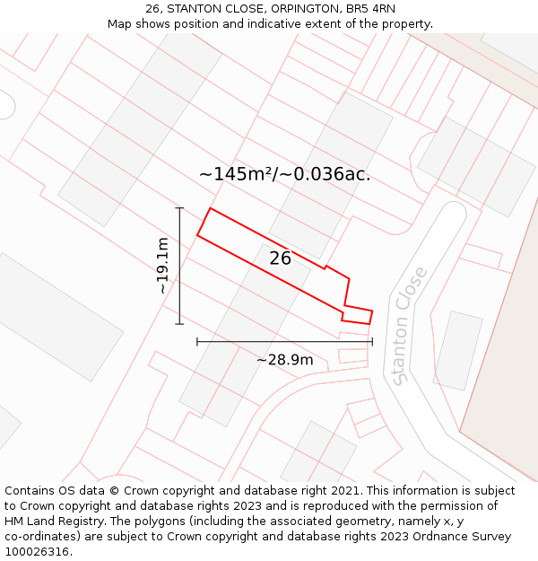 26, STANTON CLOSE, ORPINGTON, BR5 4RN: Plot and title map