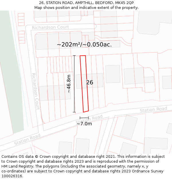 26, STATION ROAD, AMPTHILL, BEDFORD, MK45 2QP: Plot and title map