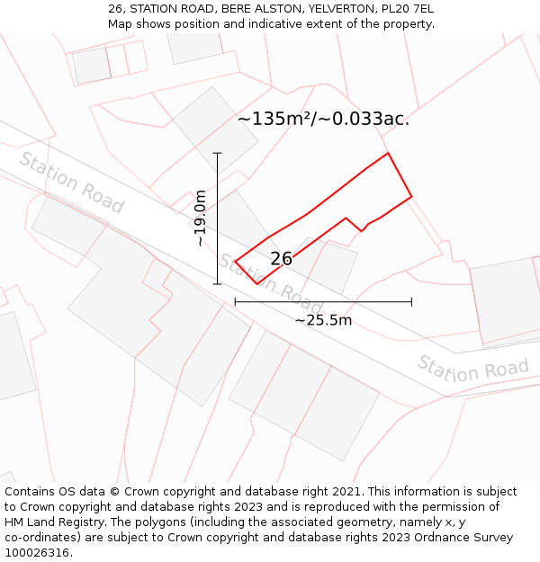 26, STATION ROAD, BERE ALSTON, YELVERTON, PL20 7EL: Plot and title map