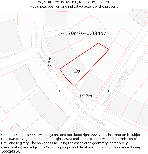 26, STRET CONSTANTINE, NEWQUAY, TR7 1GH: Plot and title map