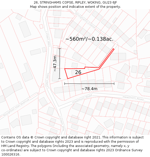 26, STRINGHAMS COPSE, RIPLEY, WOKING, GU23 6JF: Plot and title map