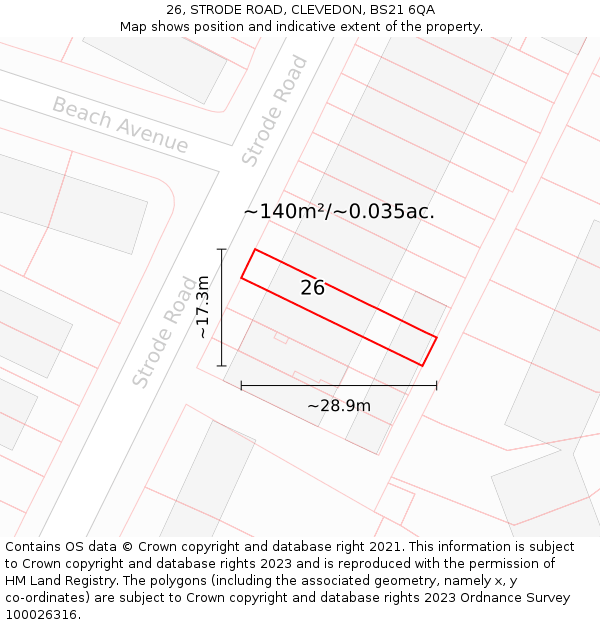 26, STRODE ROAD, CLEVEDON, BS21 6QA: Plot and title map