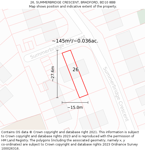 26, SUMMERBRIDGE CRESCENT, BRADFORD, BD10 8BB: Plot and title map