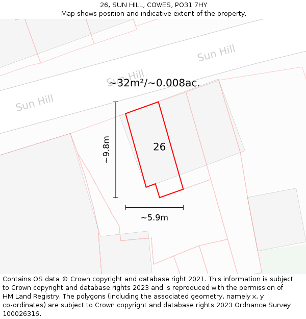 26, SUN HILL, COWES, PO31 7HY: Plot and title map