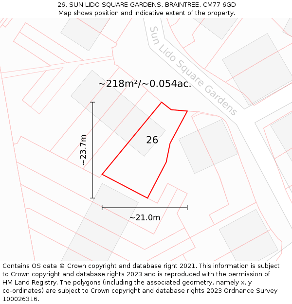 26, SUN LIDO SQUARE GARDENS, BRAINTREE, CM77 6GD: Plot and title map