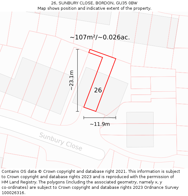 26, SUNBURY CLOSE, BORDON, GU35 0BW: Plot and title map