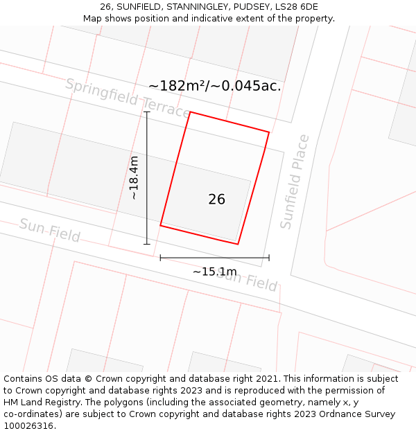 26, SUNFIELD, STANNINGLEY, PUDSEY, LS28 6DE: Plot and title map