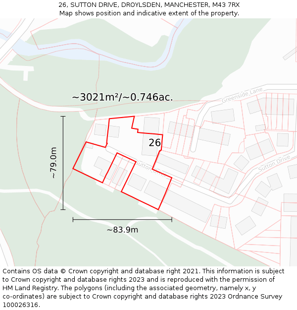 26, SUTTON DRIVE, DROYLSDEN, MANCHESTER, M43 7RX: Plot and title map