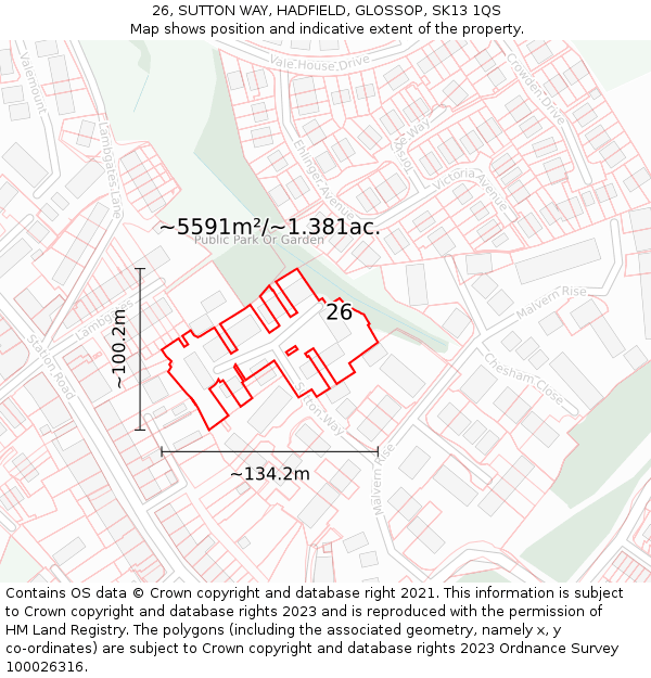 26, SUTTON WAY, HADFIELD, GLOSSOP, SK13 1QS: Plot and title map