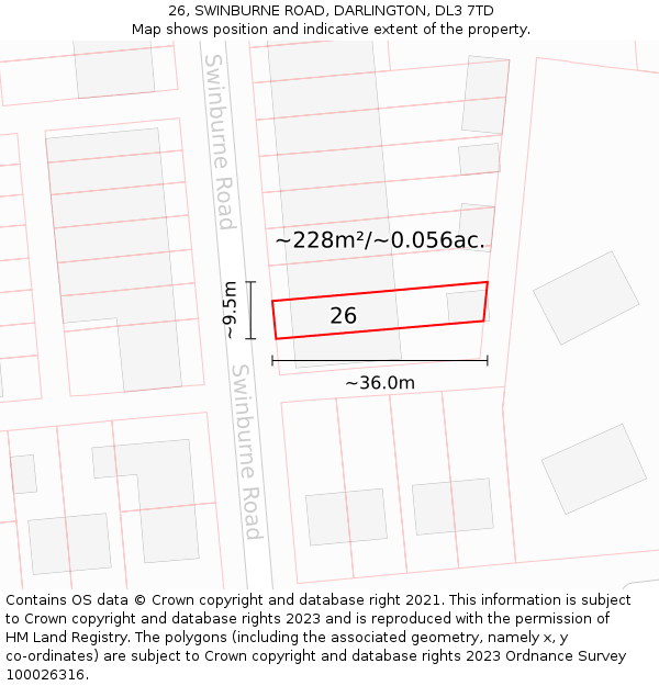 26, SWINBURNE ROAD, DARLINGTON, DL3 7TD: Plot and title map