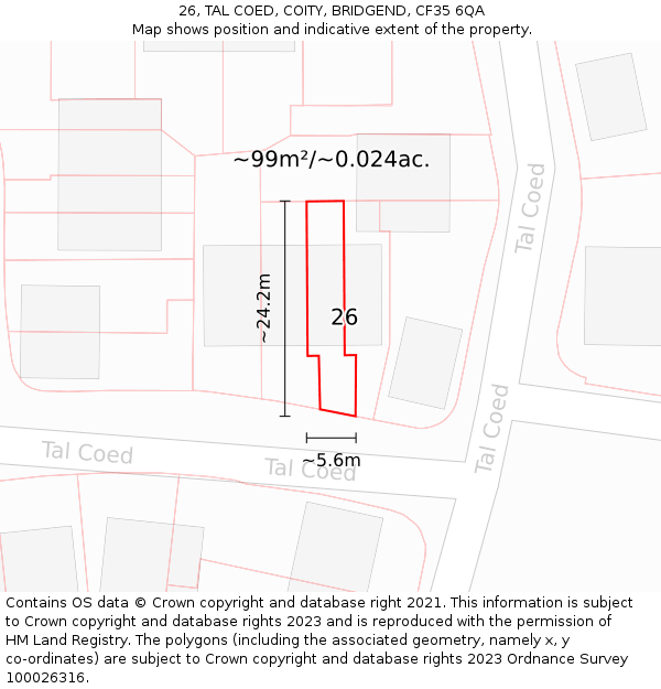 26, TAL COED, COITY, BRIDGEND, CF35 6QA: Plot and title map
