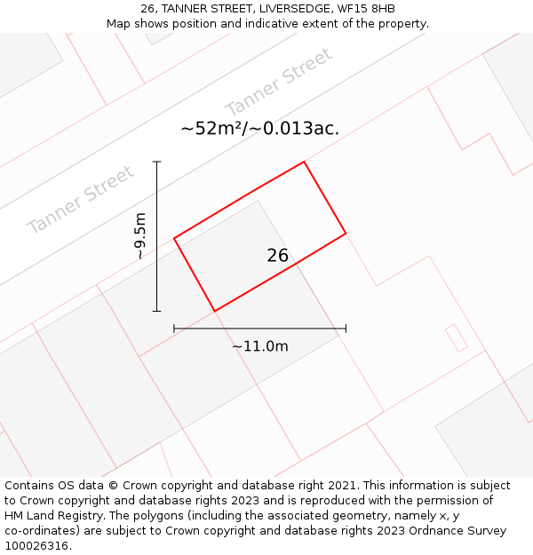 26, TANNER STREET, LIVERSEDGE, WF15 8HB: Plot and title map