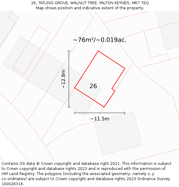 26, TATLING GROVE, WALNUT TREE, MILTON KEYNES, MK7 7EQ: Plot and title map