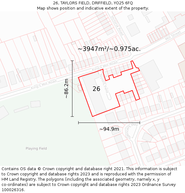 26, TAYLORS FIELD, DRIFFIELD, YO25 6FQ: Plot and title map