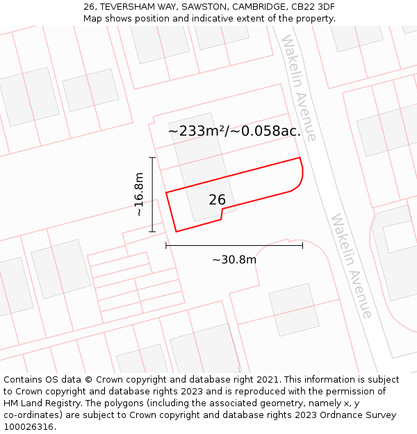 26, TEVERSHAM WAY, SAWSTON, CAMBRIDGE, CB22 3DF: Plot and title map