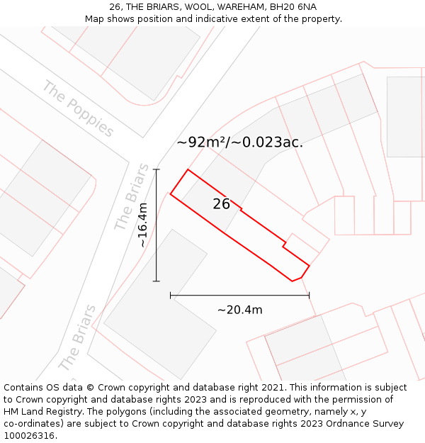 26, THE BRIARS, WOOL, WAREHAM, BH20 6NA: Plot and title map