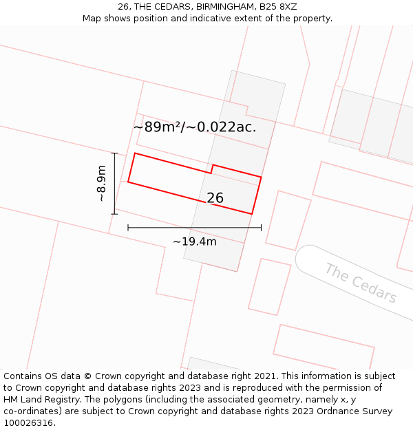 26, THE CEDARS, BIRMINGHAM, B25 8XZ: Plot and title map