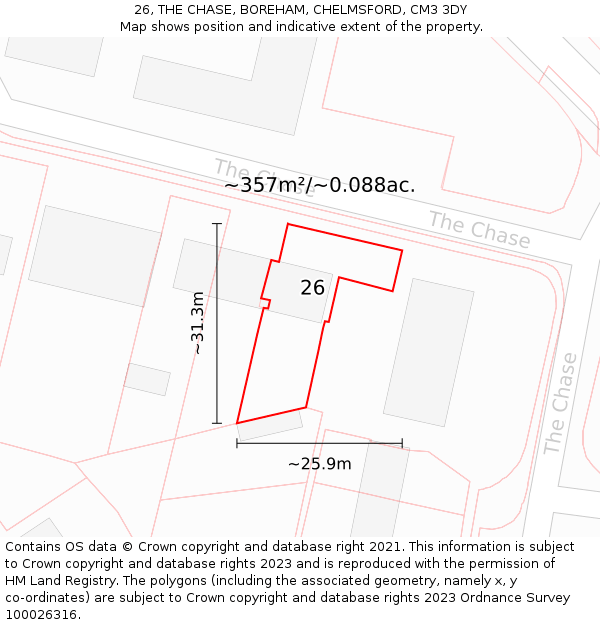 26, THE CHASE, BOREHAM, CHELMSFORD, CM3 3DY: Plot and title map