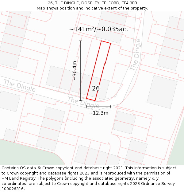 26, THE DINGLE, DOSELEY, TELFORD, TF4 3FB: Plot and title map