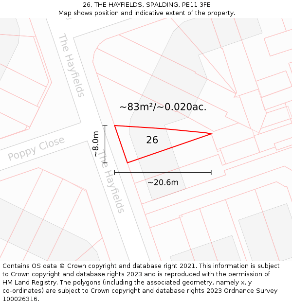 26, THE HAYFIELDS, SPALDING, PE11 3FE: Plot and title map