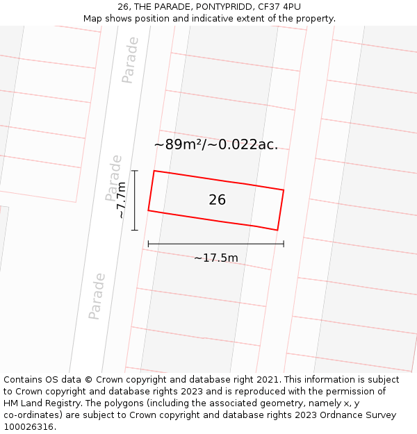 26, THE PARADE, PONTYPRIDD, CF37 4PU: Plot and title map
