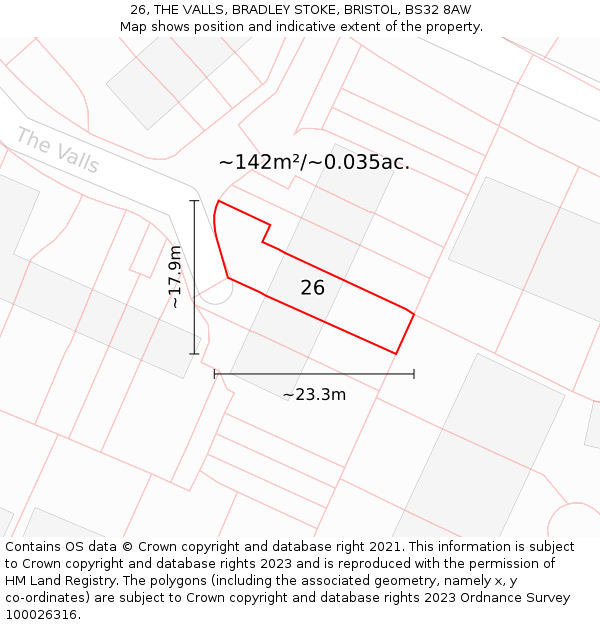 26, THE VALLS, BRADLEY STOKE, BRISTOL, BS32 8AW: Plot and title map