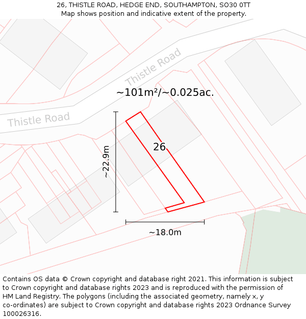 26, THISTLE ROAD, HEDGE END, SOUTHAMPTON, SO30 0TT: Plot and title map