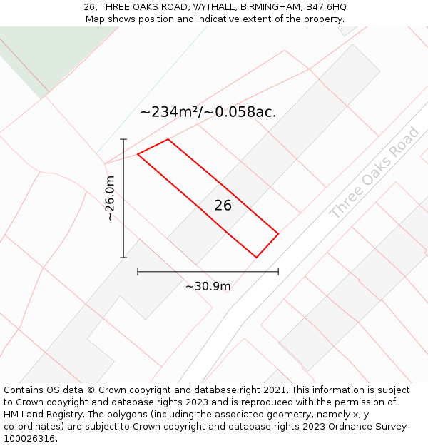 26, THREE OAKS ROAD, WYTHALL, BIRMINGHAM, B47 6HQ: Plot and title map
