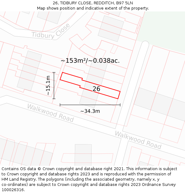 26, TIDBURY CLOSE, REDDITCH, B97 5LN: Plot and title map