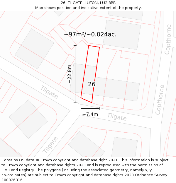 26, TILGATE, LUTON, LU2 8RR: Plot and title map