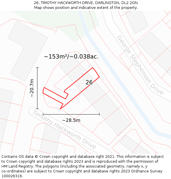26, TIMOTHY HACKWORTH DRIVE, DARLINGTON, DL2 2GN: Plot and title map