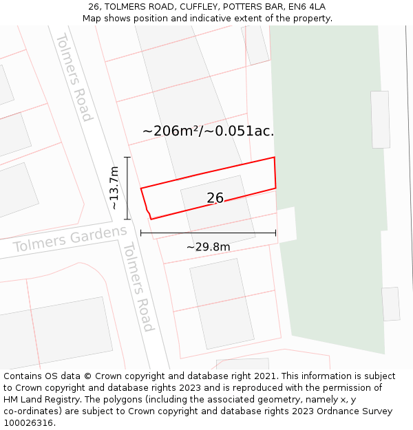 26, TOLMERS ROAD, CUFFLEY, POTTERS BAR, EN6 4LA: Plot and title map