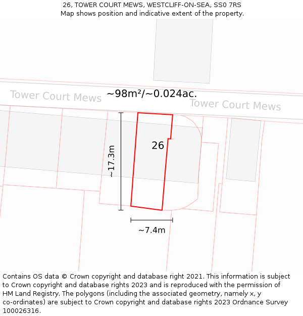 26, TOWER COURT MEWS, WESTCLIFF-ON-SEA, SS0 7RS: Plot and title map