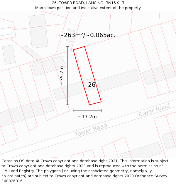26, TOWER ROAD, LANCING, BN15 9HT: Plot and title map