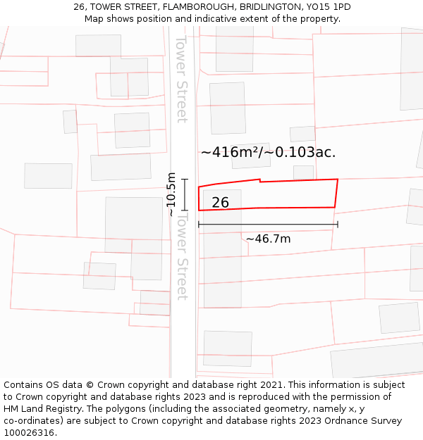 26, TOWER STREET, FLAMBOROUGH, BRIDLINGTON, YO15 1PD: Plot and title map