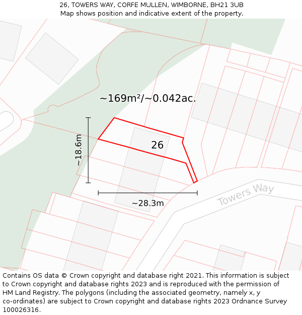 26, TOWERS WAY, CORFE MULLEN, WIMBORNE, BH21 3UB: Plot and title map