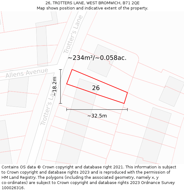 26, TROTTERS LANE, WEST BROMWICH, B71 2QE: Plot and title map