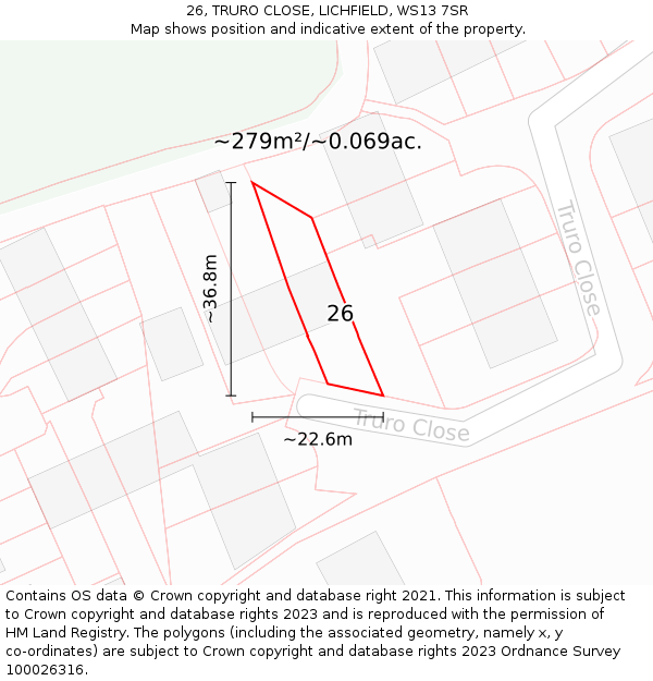 26, TRURO CLOSE, LICHFIELD, WS13 7SR: Plot and title map