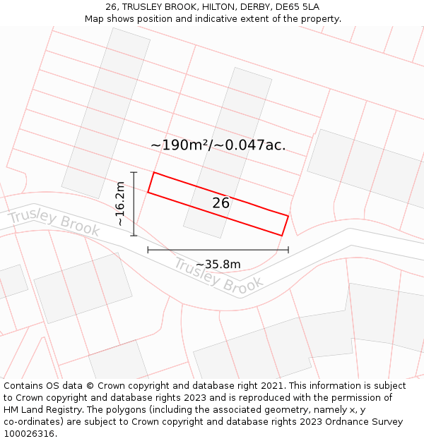 26, TRUSLEY BROOK, HILTON, DERBY, DE65 5LA: Plot and title map