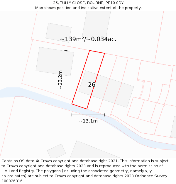 26, TULLY CLOSE, BOURNE, PE10 0DY: Plot and title map