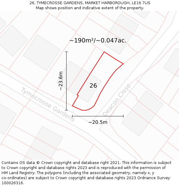 26, TYMECROSSE GARDENS, MARKET HARBOROUGH, LE16 7US: Plot and title map