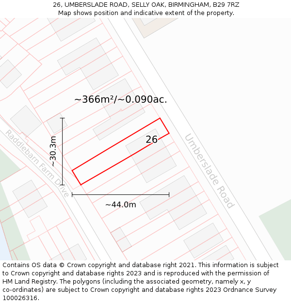 26, UMBERSLADE ROAD, SELLY OAK, BIRMINGHAM, B29 7RZ: Plot and title map